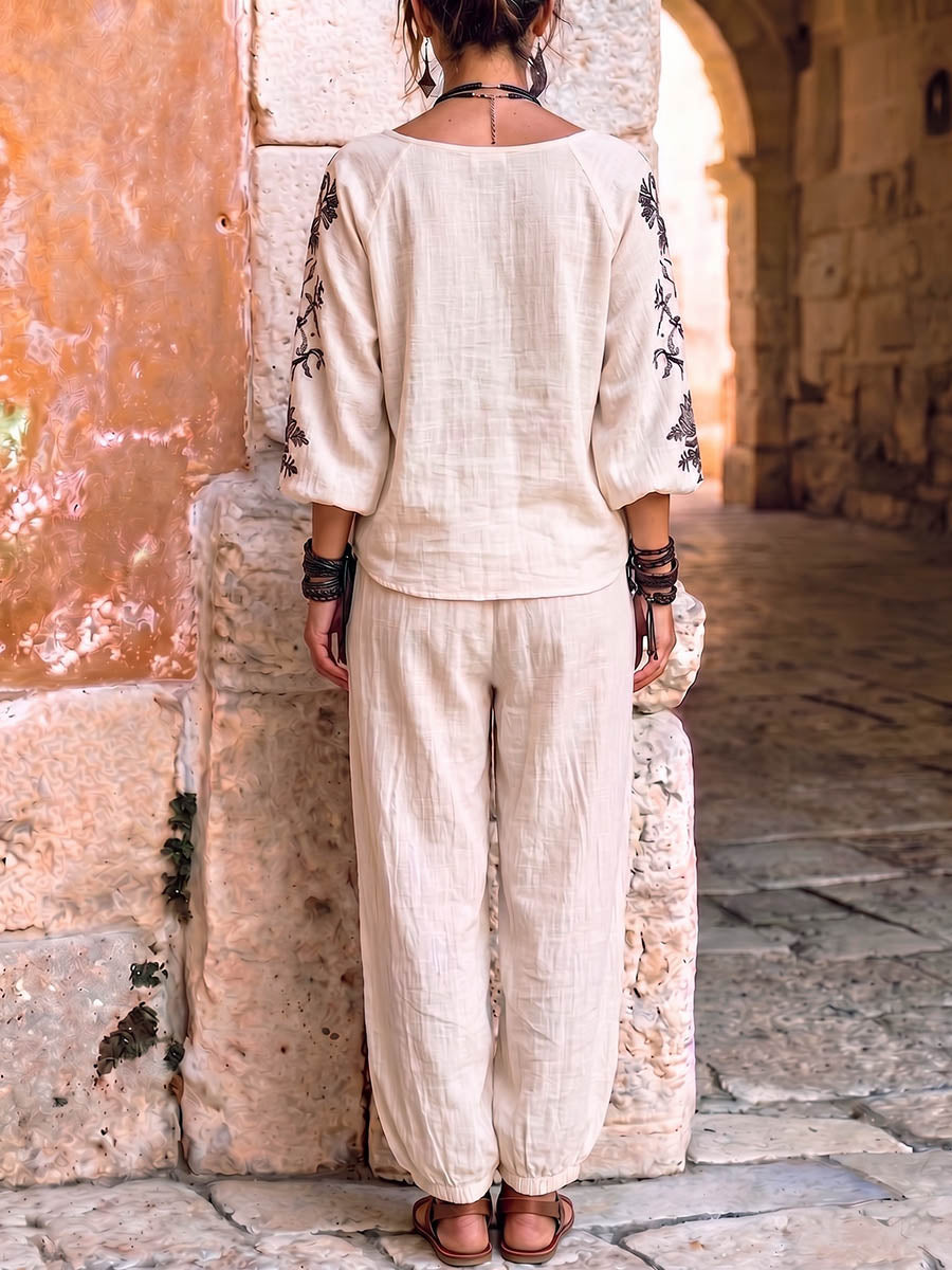 Women's Vintage Placement-print Cotton-linen Set: Casual Loose-fit Top Round Neck 3/4 Sleeves& High-waisted Wide-leg Pants