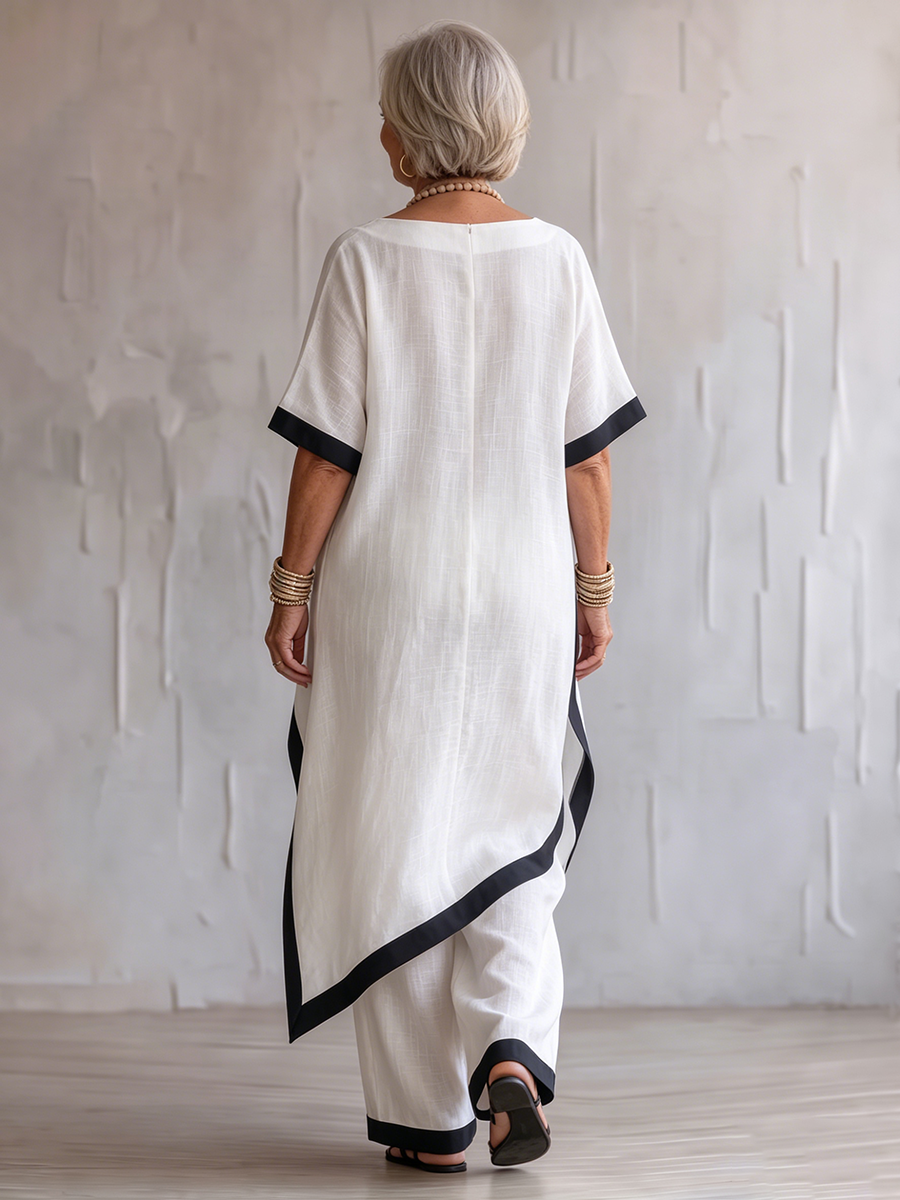 Timeless Elegance – Contrast-trim Cotton-linen Two-piece Set