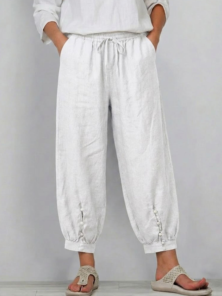 Casual Linen-cotton Cropped Trousers With An Elastic Waist