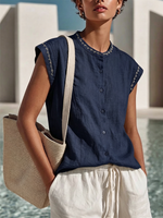 Cotton-linen Sleeveless Top With A Round Neck, Geometric Embroidery, Extended Shoulders, And A Full-button Front