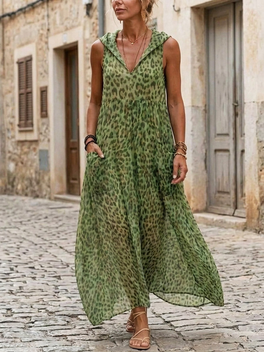 Women's Retro Leopard Art Print Casual Sleeveless Chiffon Maxi Dress