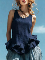 Women's Ruffle Hem Art Casual Stylish Sleeveless Cotton Linen Shirt