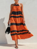 Bold Striped Gathered Halter Cotton Linen Midi Dress