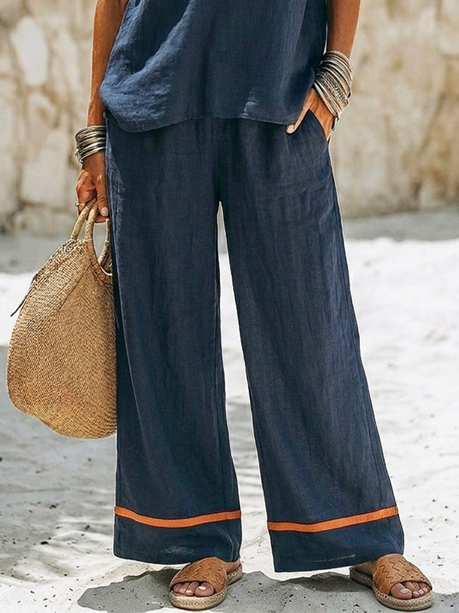 Women's Casual Stylish Zip Top And Pants Cotton And Linen Two-piece Set