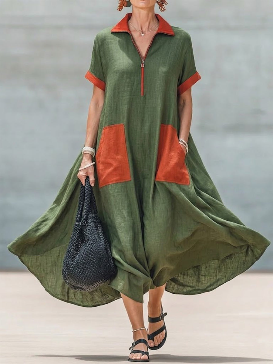 Color-block Lapel Half-zip Short-sleeve Loose Cotton-linen Maxi Dress