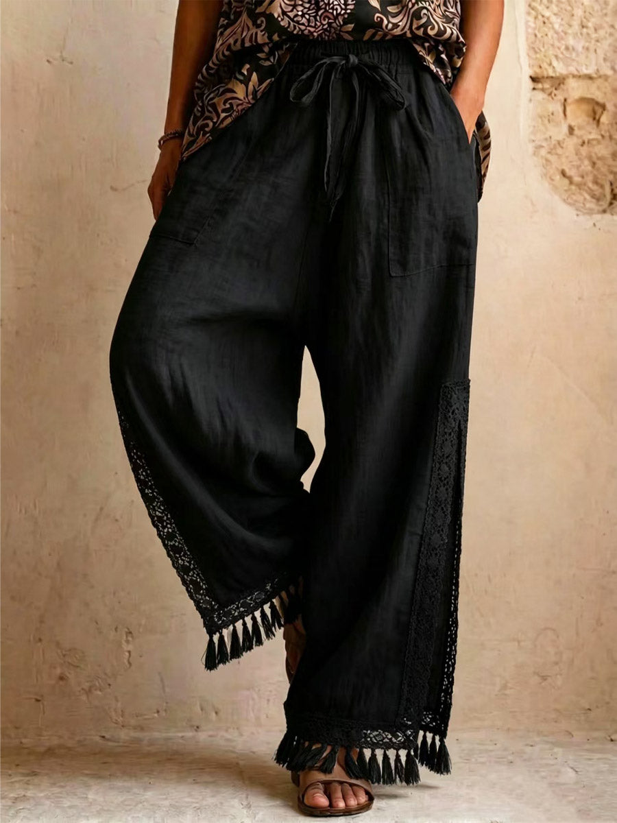 Women's Tassel Side Slit Loose-fit Casual Cotton And Linen Vacation Bohemian-style Wide-leg Pants