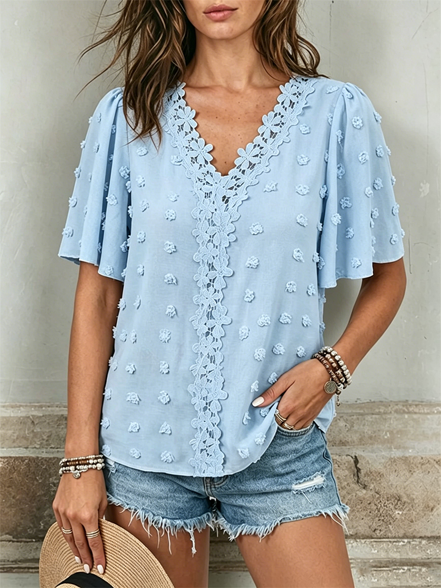 Short-sleeve Casual V-neck Swiss Dot Blouse With Lace Trim