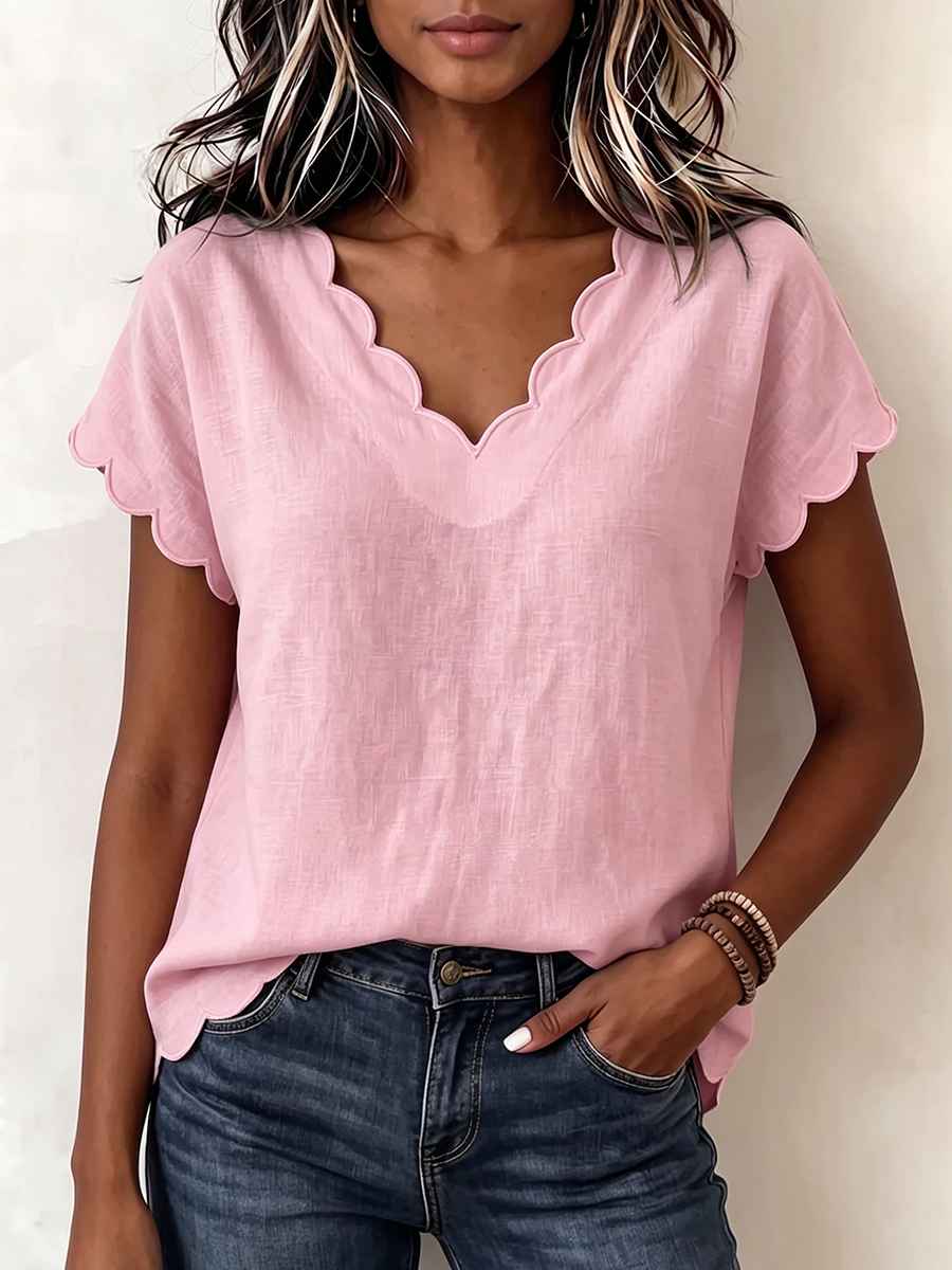 Sweet & Sophisticated Scallop Hem Summer Blouse - Relaxed Fit Solid Color Top