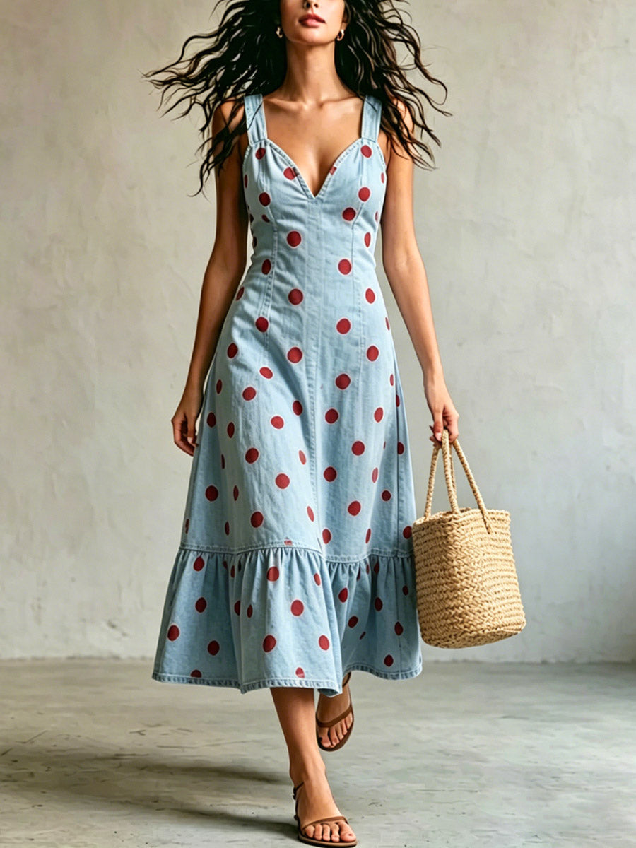 Women's Polka Dot Pattern Art Casual Sleeveless Denim Dress