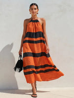 Bold Striped Gathered Halter Cotton Linen Midi Dress