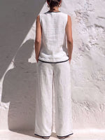 Women's Solid Color V-Neck Sleeveless Casual Loose Cotton-Linen Top and High-Waisted Wide-Leg Pants Set