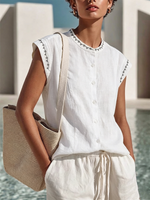 Cotton-linen Sleeveless Top With A Round Neck, Geometric Embroidery, Extended Shoulders, And A Full-button Front