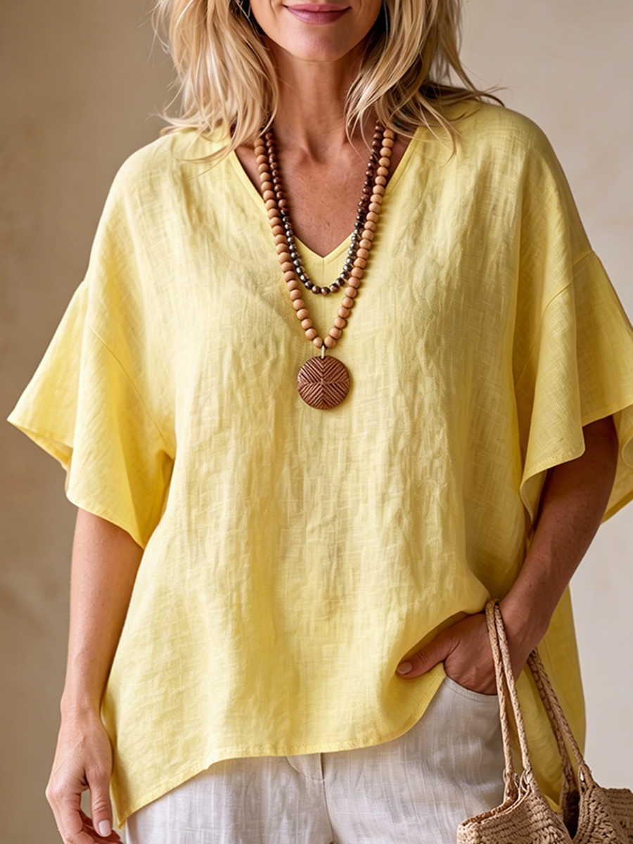 Relaxed Breathable Cotton-linen Top With Ruffled Hem
