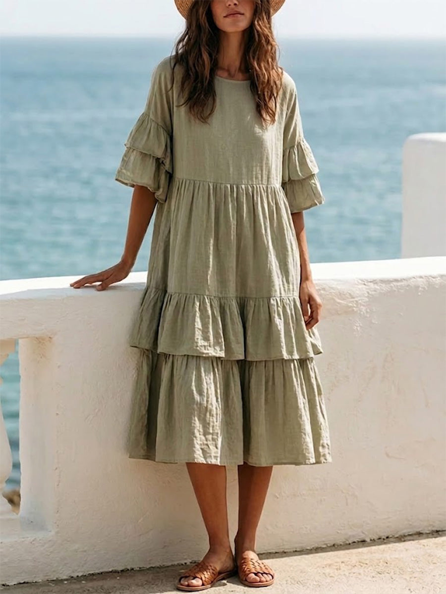 Loose-fitting Cotton-linen Midi Dress Featuring A Round Neck, Double-layer Ruffle Sleeves, And A Three-tiered Ruffled Skirt.