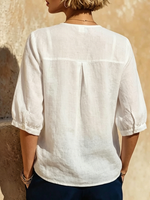 Scalloped V-neck Floral Embroidered Cotton-linen Top With 3/4 Puff Sleeves