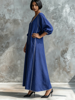 Minimalist Elegant Cotton-linen Lantern-sleeve Dress With Piping Detail