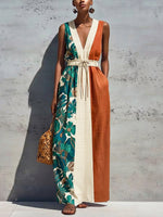 Women's Retro Floral Stylish Art Print Casual Sleeveless Cotton Linen Long Dress