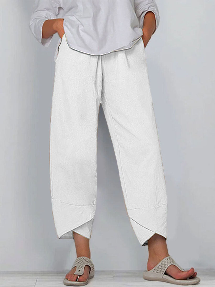 Women's Solid Color Stylish Loose-fit Casual Cropped Cotton And Linen Pants