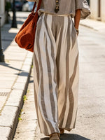 Women's Off-the-shoulder Art Comfortable Casual Top And Striped Pants Cotton Linen Two-piece Set