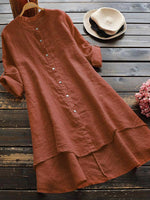Women's Solid Color Stylish Art Casual Long Sleeve Cotton And Linen Dress