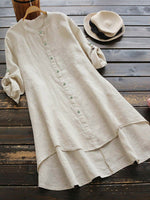 Women's Solid Color Stylish Art Casual Long Sleeve Cotton And Linen Dress