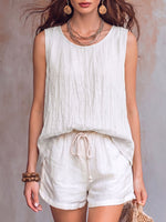 Women's Solid Color Crew Neck Sleeveless Casual Loose Cotton-linen Top