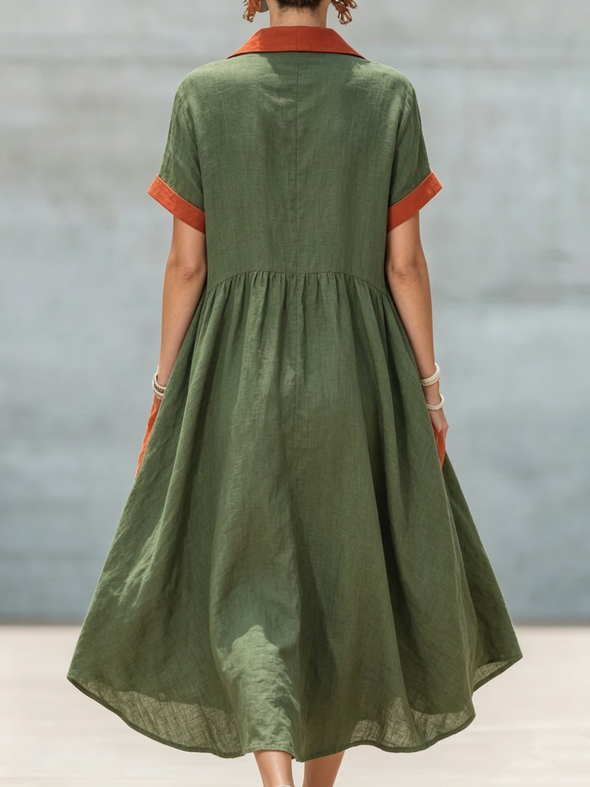 Color-block Lapel Half-zip Short-sleeve Loose Cotton-linen Maxi Dress