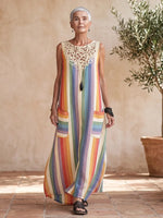 Vacation Rianbow Stripes Cotton Linen Maxi Dress