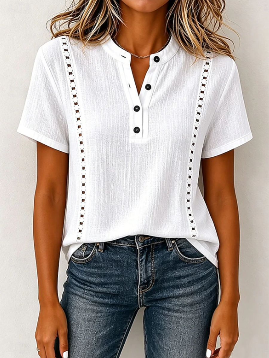 Casual Breathable Cotton-linen Henley Collar Shirt With Flowers Lace Trim