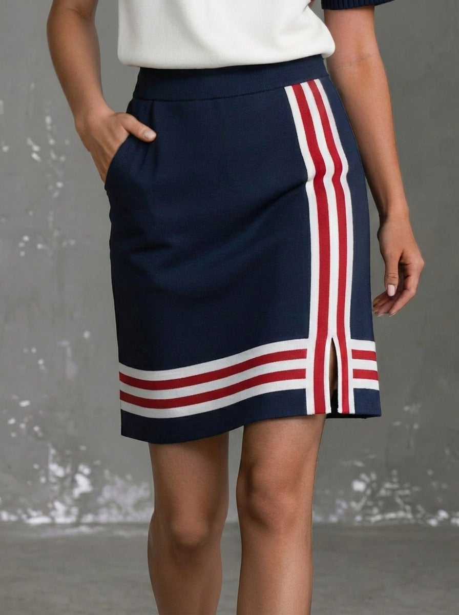 Womens Quarter Zip Striped Short Sleeve Top & Pocket Skirt Sporty Two Piece Set