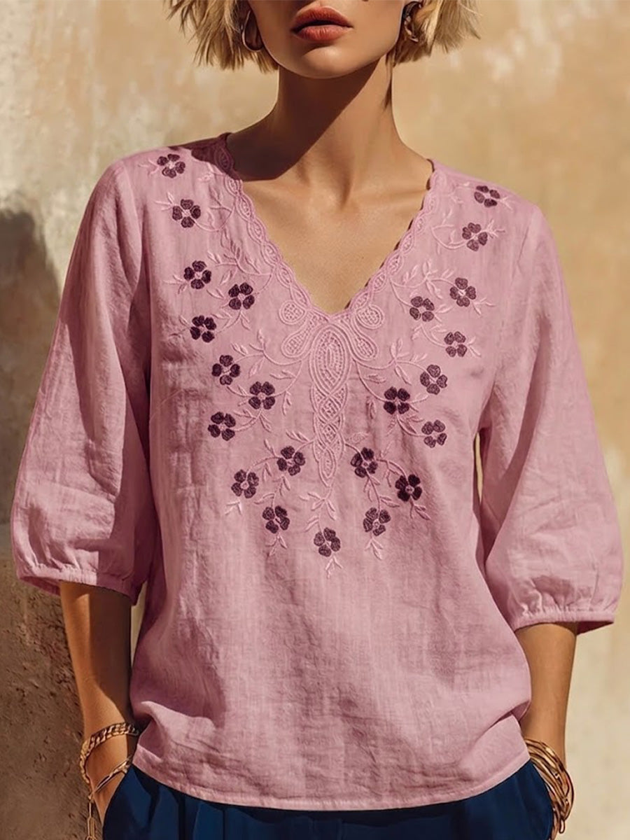 Scalloped V-neck Floral Embroidered Cotton-linen Top With 3/4 Puff Sleeves