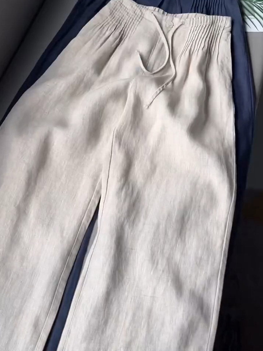Women's Solid-color High-waisted Pleated Casual Loose Cotton-linen Wide-leg Pants