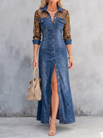 Edgy Denim & Sheer Leopard Print Maxi Dress