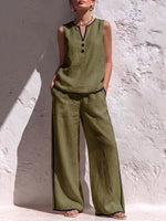 Women's Solid Color V-Neck Sleeveless Casual Loose Cotton-Linen Top and High-Waisted Wide-Leg Pants Set