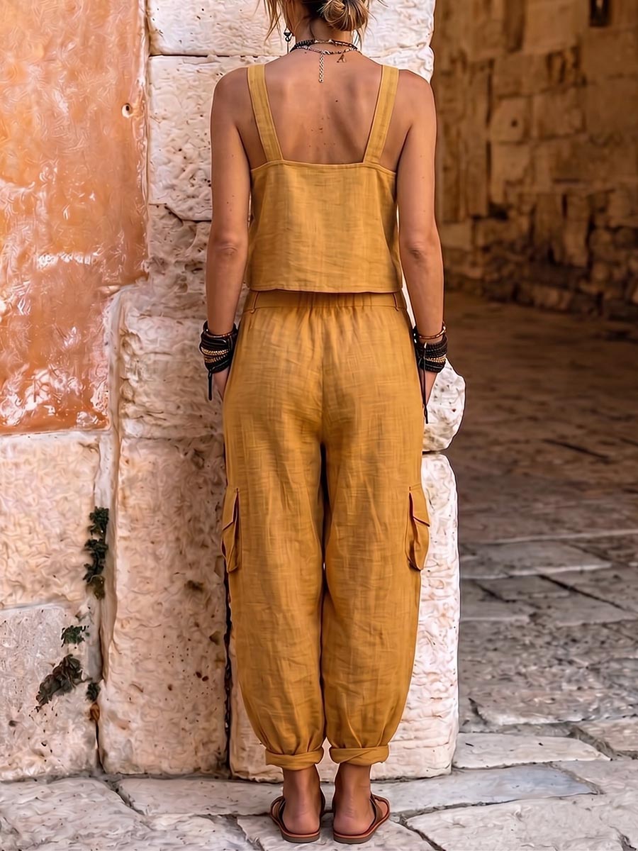 Women's Vintage Placement-print Cotton-linen Set: Sleeveless V-neck Loose Top & High-waisted Wide-leg Pants