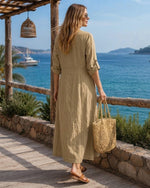 Relaxed-fit Casual V-neck Linen And Cotton Dress