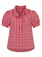 Casual Linen-cotton Plaid Shirt With A Ruffle Collar