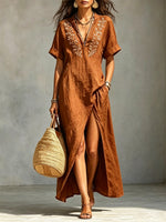 Women's Split Art Casual Stylish V-collar Short Sleeve Cotton Linen Maxi Dress