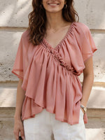 Women’s Ruffle V Neck Flutter Short Sleeve Chiffon Peplum Blouse