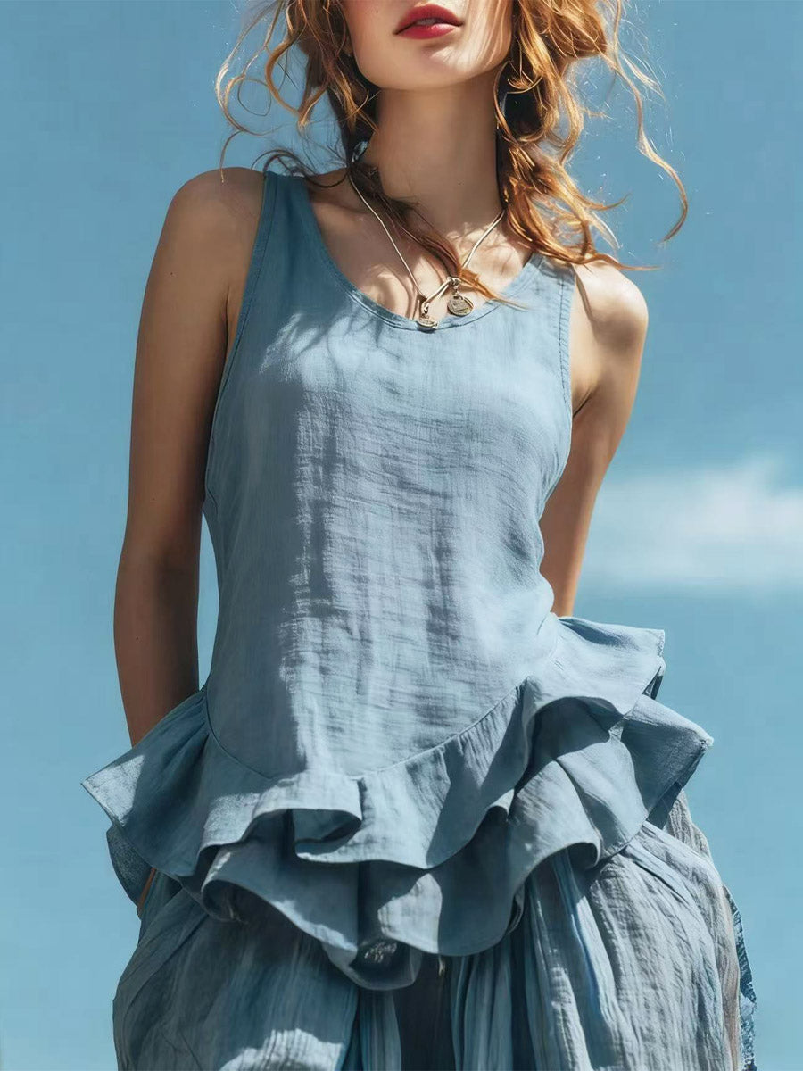 Women's Ruffle Hem Art Casual Stylish Sleeveless Cotton Linen Shirt
