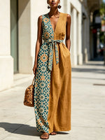 Women's Retro Floral Stylish Art Print Casual Sleeveless Cotton Linen Long Dress