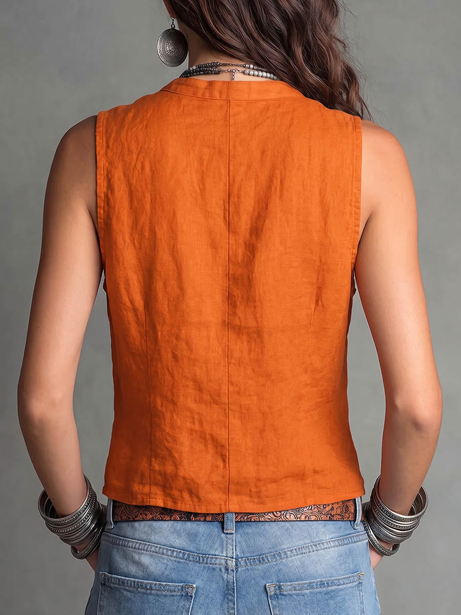 Women's Solid Color Crew Neck Sleeveless Loose-fit Cotton-linen Cardigan Top