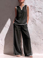 Women's Solid Color V-Neck Sleeveless Casual Loose Cotton-Linen Top and High-Waisted Wide-Leg Pants Set