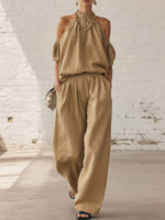 Women's Off-shoulder Halter Art Comfortable Casual Top And High-waisted Wide-leg Pants Cotton Linen Two-piece Set