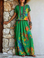 Women's Cotton-linen Set: Abstract Placement-print Crew-neck Short-sleeve Loose Casual Top & High-waisted A-line Skirt