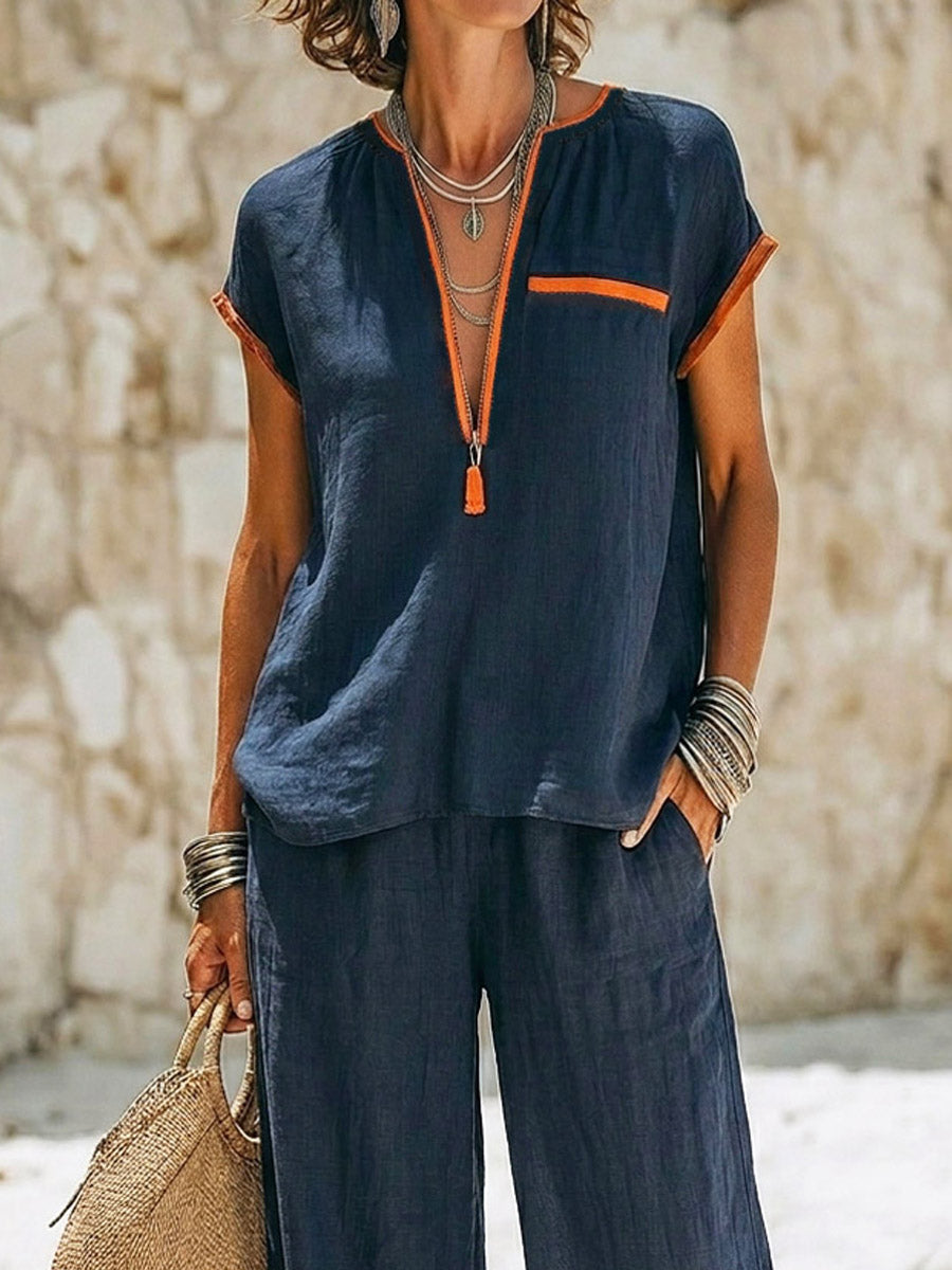 Women's Casual Stylish Zip Top And Pants Cotton And Linen Two-piece Set