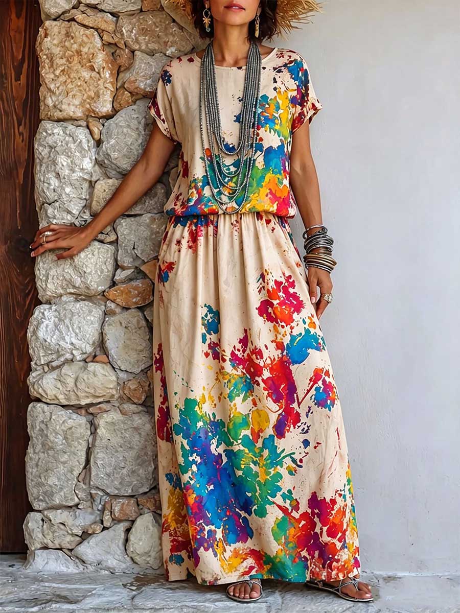 Women's Cotton-linen Set: Abstract Placement-print Crew-neck Short-sleeve Loose Casual Top & High-waisted A-line Skirt