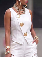 Elegant Metallic-button Vest – Resort Wear
