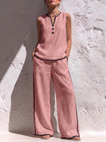 Women's Solid Color V-Neck Sleeveless Casual Loose Cotton-Linen Top and High-Waisted Wide-Leg Pants Set