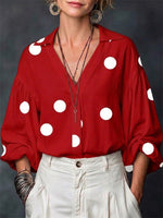 Polka-dot Loose-fitting Top With A Partial Button-front Neckline And Long Puff Sleeves